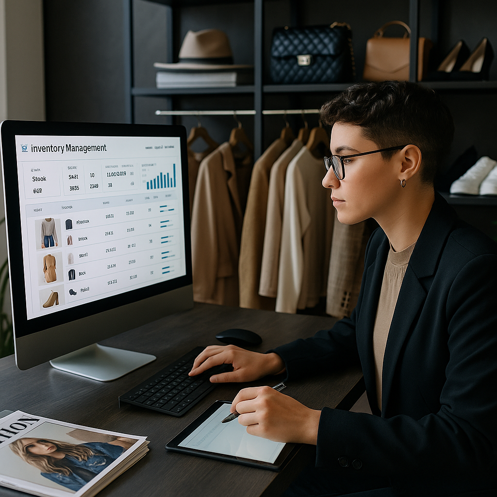 The image depicts an eCommerce manager seated at a sleek modern desk intently focused on a highresolution computer screen filled with fashion inventory she needs to manage Surrounding him are various stylish fashion products including clothing access